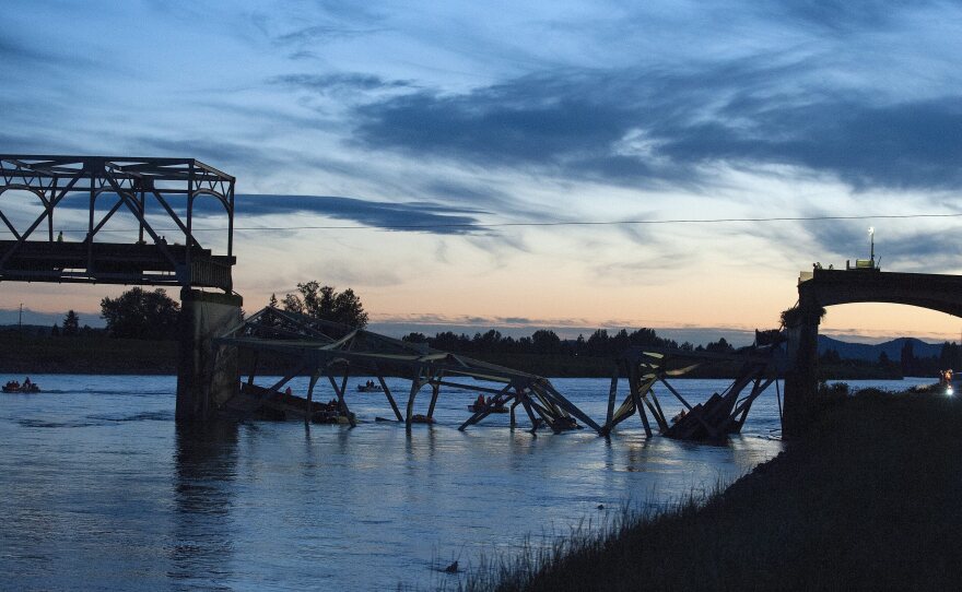 The scene near Mount Vernon, Wash., on Thursday after part of an Interstate 5 bridge collapsed into the Skagit River.