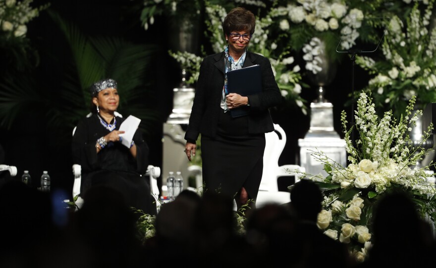 Valerie Jarrett, speaking on behalf of President Obama during the memorial service, noted the love people had for the champ, saying, "You couldn't have made him up — and yes, he was pretty, too."