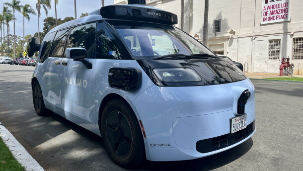 A Waymo Ojai vehicle is parked in Balboa Park, Aug. 20, 2026.