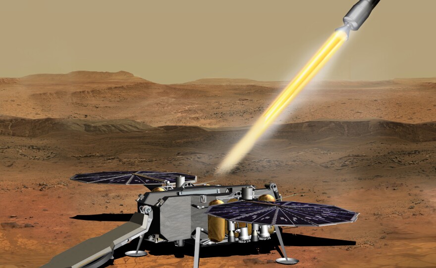NASA wants to bring home pristine Martian rock samples that a rover has gathered; this artist's conception shows one plan for getting them off the red planet.
