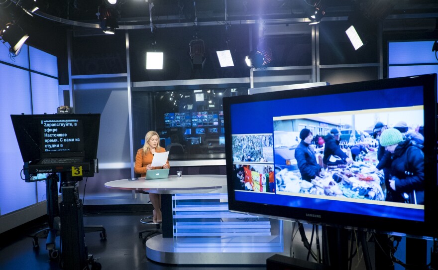 The show Current Time prepares to go on air in Washington, D.C.. The show is a joint production of Voice of America and Radio Free Europe and is among 10 U.S. outlets designated as foreign agents by Moscow on Tuesday.