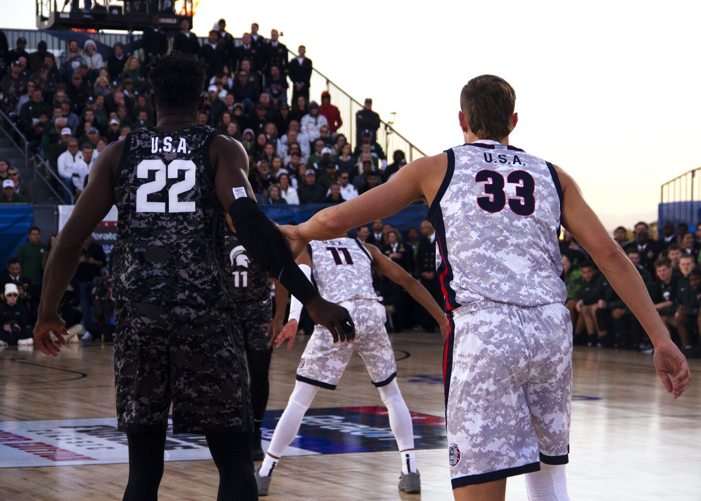 Gonzaga forward Ben Gregg (33) guards MSU center Mady Sissoko (22) during the Armed Forces Classic aboard the USS Abraham Lincoln in San Diego on Nov. 11, 2022.