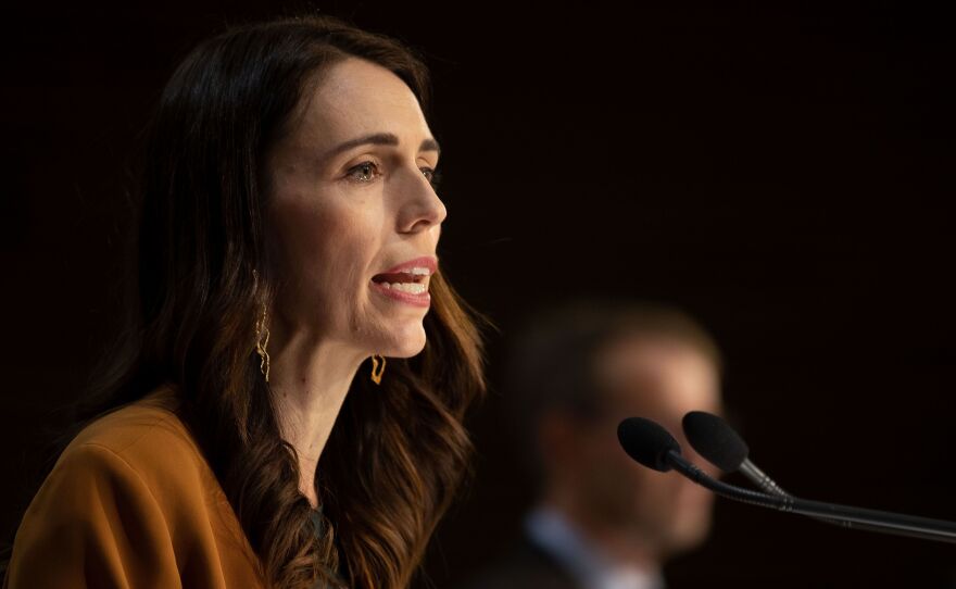 New Zealand Prime Minister Jacinda Ardern during a news conference about COVID-19 at Parliament in Wellington on Monday.