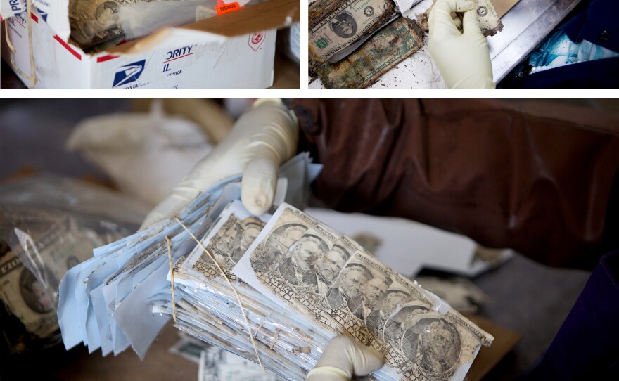 Top left: A package of damaged bills arrives at the Mutilated Currency Division. Top right: An employee begins the process of "duplicating," using a part of one bill to identify others. Bottom: An employee finishes duplicating a claim.