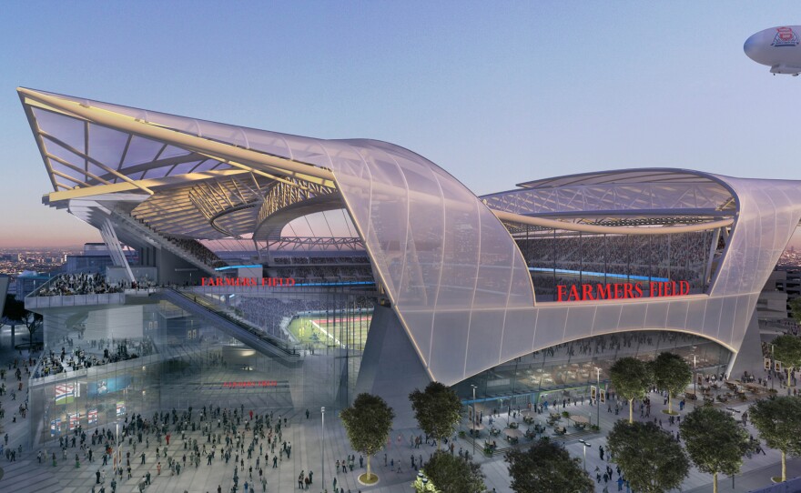 This architectural rendering file image provided by Anschutz Entertainment Group, AEG, shows an artist's rendering of the proposed NFL stadium, called Farmer's Field in Los Angeles.