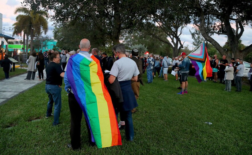 Supporters gather for a Safe Schools South Florida & Friends rally to push back against the so-called "Don't Say Gay" bill (HB 1557/SB 1834) at the Pride Center in Wilton Manors, Fla., on Feb. 2.