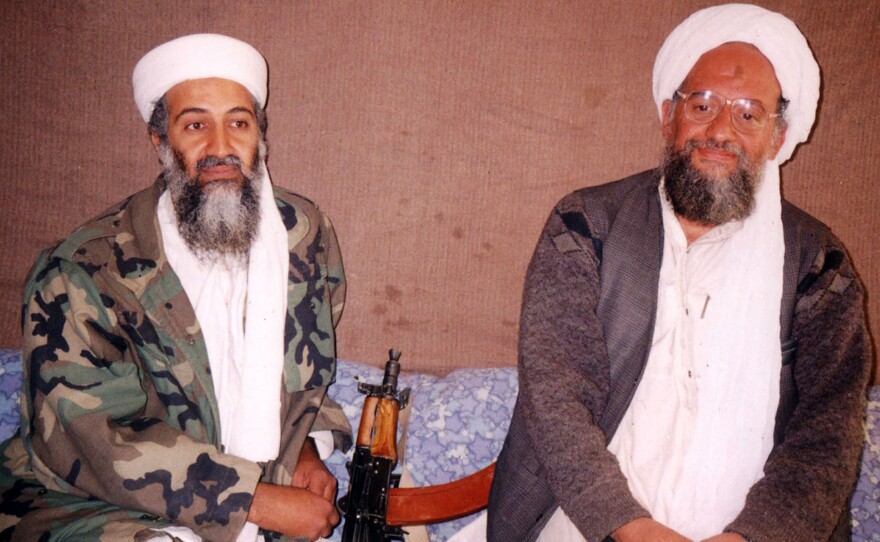 Osama bin Laden (left) sits with Ayman al-Zawahiri during a 2001 interview with Pakistani journalist Hamid Mir at an undisclosed location in Afghanistan.