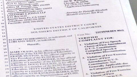 A photo of the lawsuit filed by two teachers against the Escondido Union School District's policy to refer to students by their preferred pronouns and not to disclose their gender identities to their parents without their permission, May 30, 2023.