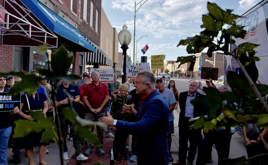 Kansas Republican Sen. Roger Marshall speaks to supporters at a campaign stop in Newton, Kan. President Trump is coming to campaign for Marshall and other nominees in Wichita next week.