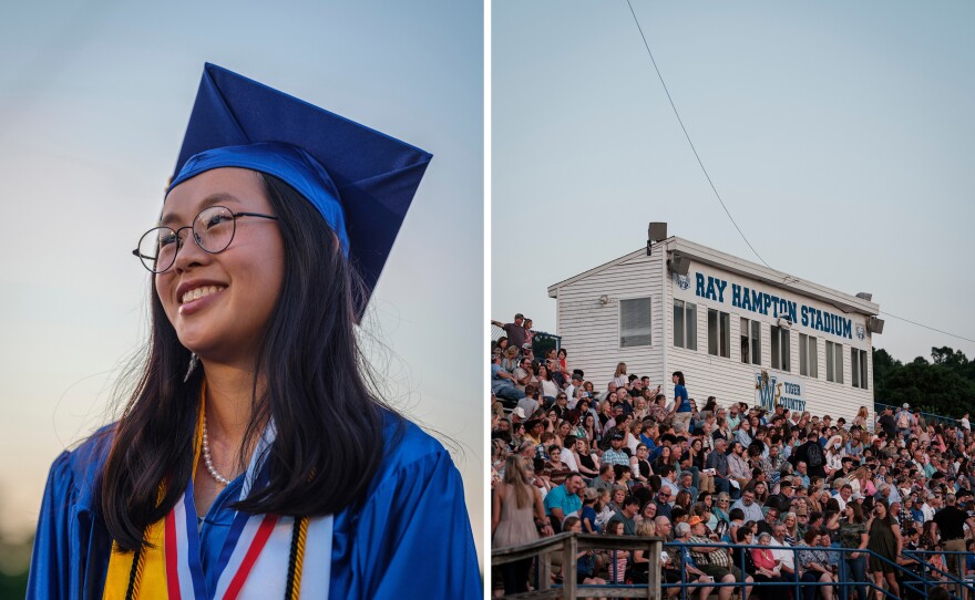 Left: Zoe at her graduation. Right; Family and friends pack into the bleachers during the Waverly Central High School graduation ceremony at Ray Hampton Stadium.