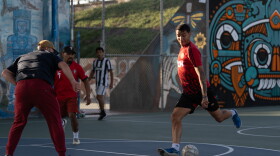 A futsal player attempts to score a goal during a weekly pickup game on June 2, 2026, San Diego, Calif.