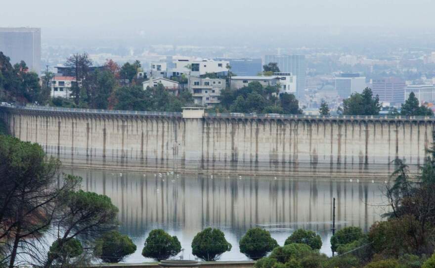 A view of Lake Hollywood in Los Angeles during a rain storm earlier this month. Heavy precipitation has eased drought conditions in much of the state.