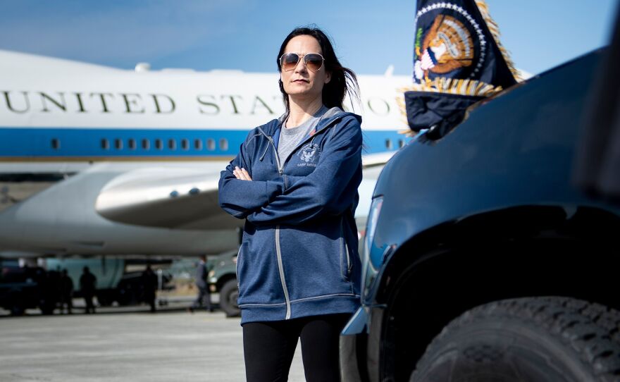 White House press secretary Stephanie Grisham waits as Air Force One is refuelled at Elmendorf Air Force Base while travelling to Japan June 26, 2019, in Anchorage, Alaska.