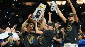 UCLA players celebrate after defeating South Carolina in the women's National Championship Final Four NCAA college basketball tournament game on Sunday in Phoenix.