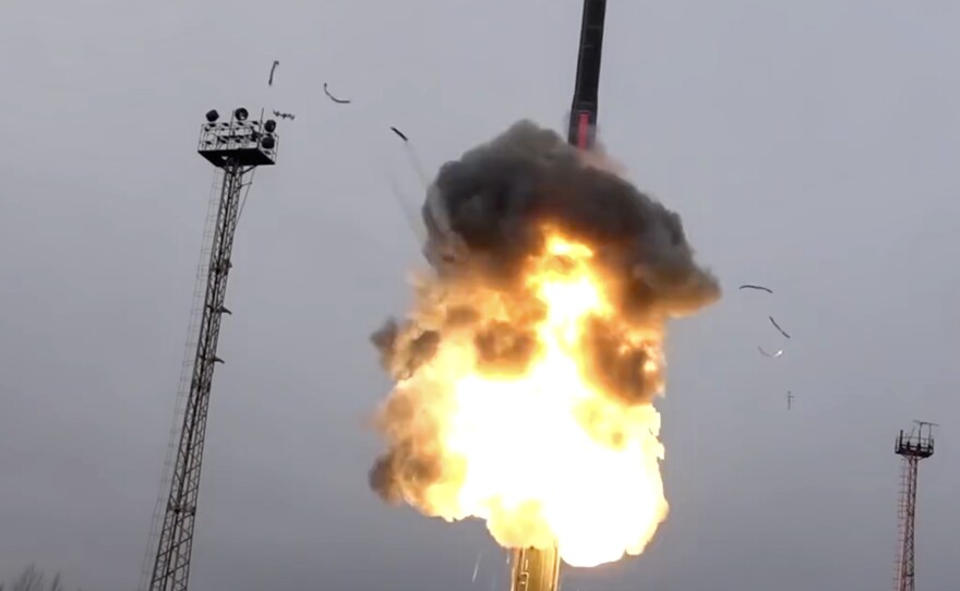 An Avangard ballistic missile lifts off from a truck-mounted launcher somewhere in Russia, in an undated photo from footage distributed by Russian Defense Ministry Press Service.