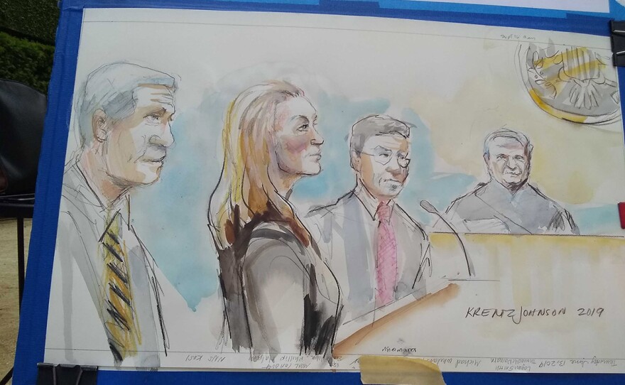 A courtroom sketch of Margaret Hunter, wife of Rep. Duncan Hunter, changing her plea to guilty in a case involving the misuse of campaign finance funds, June 13, 2019.