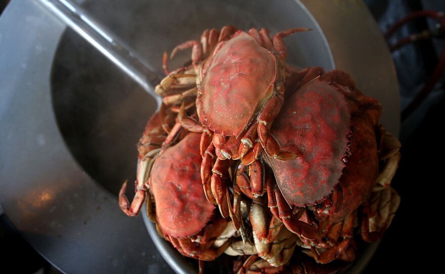 Freshly cooked Dungeness crab sits on a pot of boiling water at Nick's Lighthouse Restaurant in  San Francisco, Nov. 5, 2015.