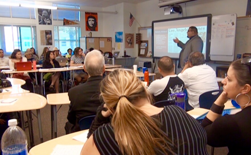 Teachers meet at Lincoln High School to talk about what they can do to make ethnic studies classes a part of the San Diego Unified School District's curriculum, May 19, 2015.