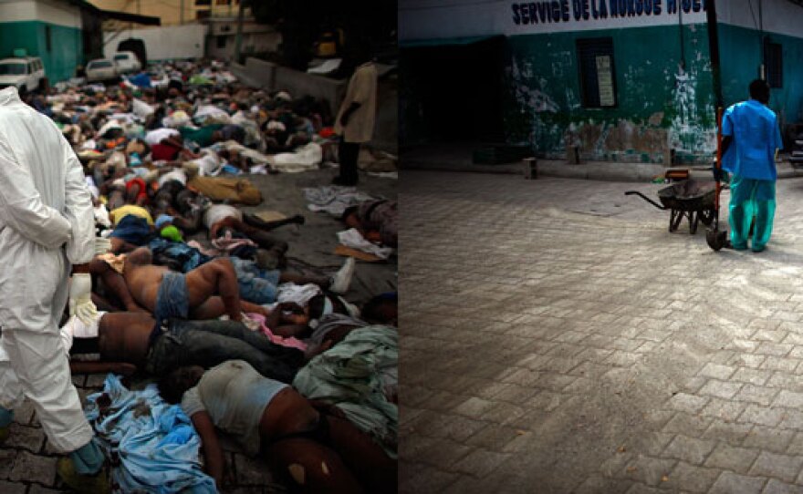 Morgue workers walk through piled bodies at the National Hospital's central morgue in downtown Port-au-Prince on Jan. 14, 2010. The hospital is now up and running, and the morgue is back to business as usual.