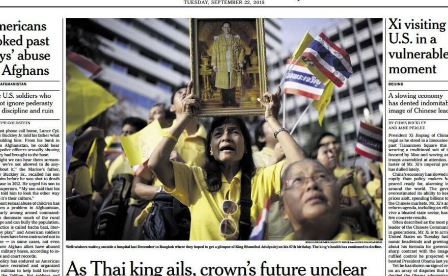 The front page of the Asian edition of the International New York Times, with a story about Thailand's king.
