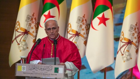 Pope Leo XIV addresses Algerian authorities, members of the civil society, and diplomatic corps at the Djamaa el Djazair Conference Center in Algiers,  April 13, 2026, on the first day of an 11-day apostolic journey to Africa.