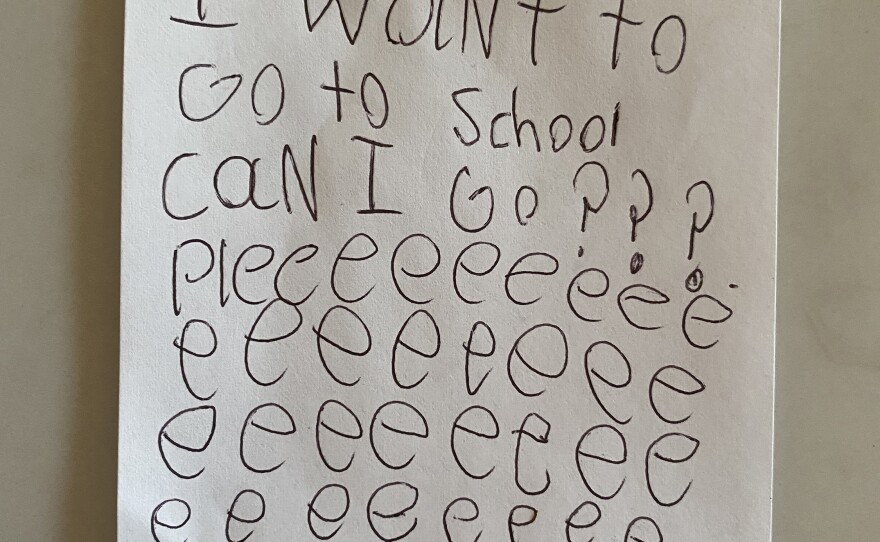 The note that Caroline Tung Richmond's daughter gave her mom asking if she could please go to in-person school.