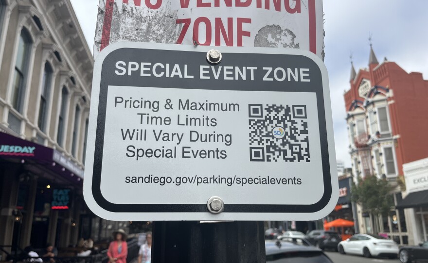 A "Special Event Zone" sign is attached to a light pole in San Diego's Gaslamp Quarter, Aug. 15, 2025.