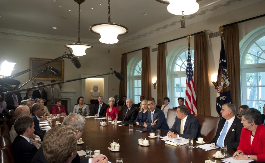 President Obama holds a meeting with his first-term Cabinet in the White House on July 26, 2012.