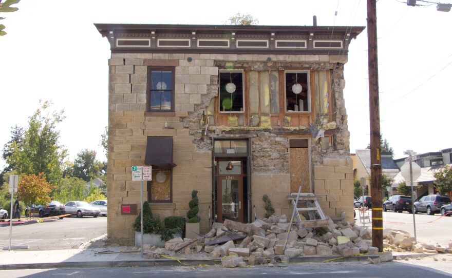 Stone falls off the face of a Napa Valley building in the wake of an earthquake, taken Aug. 25, 2014