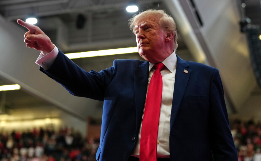 President Donald Trump departs after speaking during a campaign rally at McMorran Place Sports and Entertainment Center, Sunday, Oct. 25, 2026, in Port Huron, Mich.