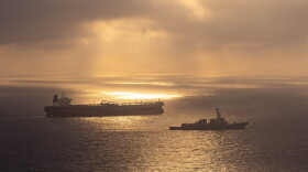 A U.S. Navy ship, the USS Rafael Peralta, takes part in a maritime blockade against an Iranian-flagged ship attempting to sail toward an Iranian port on April 24. The photo was provided by U.S. Central Command.
