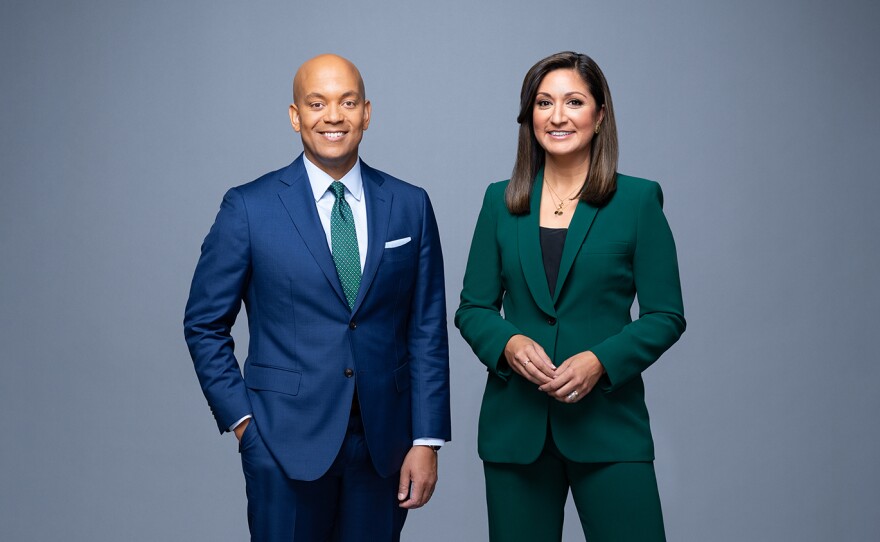 PBS NEWSHOUR hosts Geoff Bennett and Amna Nawaz, Nov. 17, 2022, in Arlington Va.
