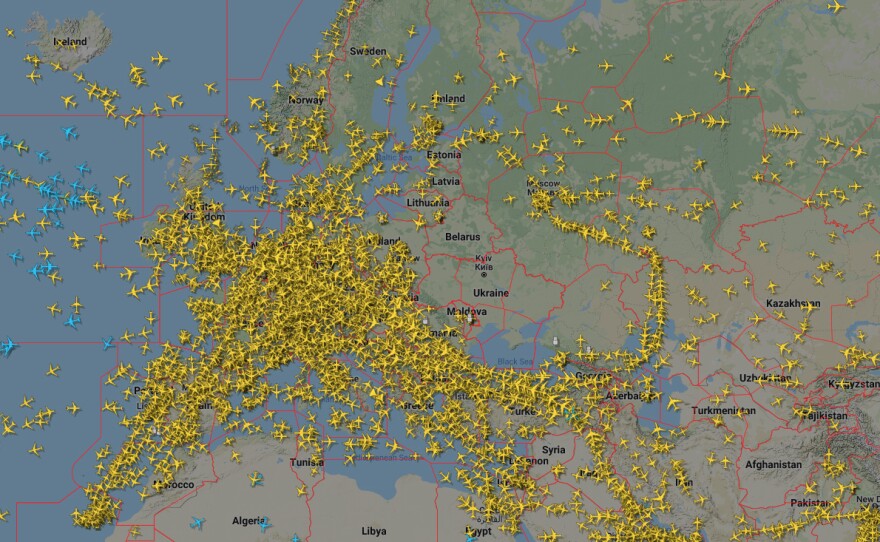A screenshot of flight paths by Flightradar24 show the lack of planes over Ukraine after airspace was closed.