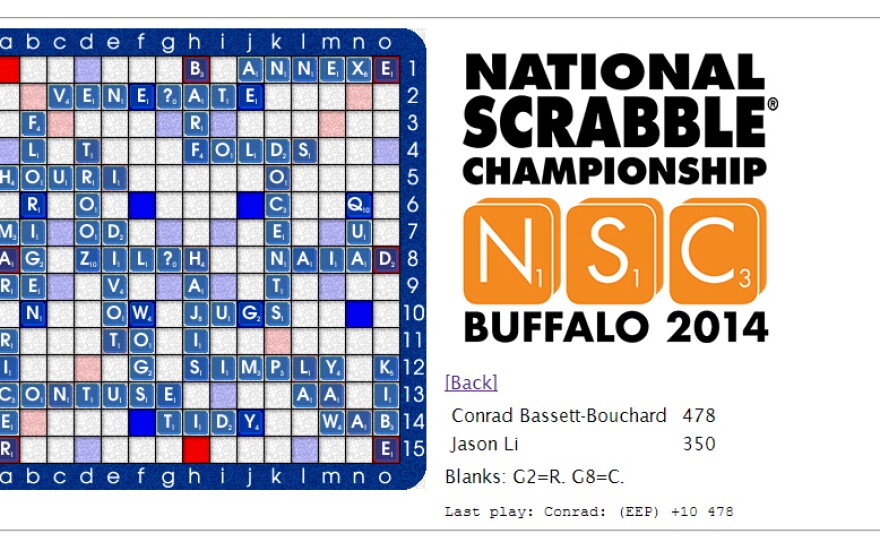 An online tally of the words played in the final round of the 2014 National Scrabble Championship, between Conrad Bassett-Bouchard and Jason Li.