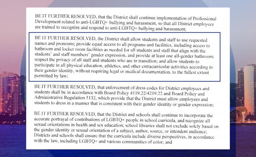 An undated copy of San Marcos Unified School District's Board Resolution 38 provided by Supervisor Jim Desmond's office with the language that states that the district would provide access to bathrooms and locker rooms that align with students’ and staff’s gender expression.