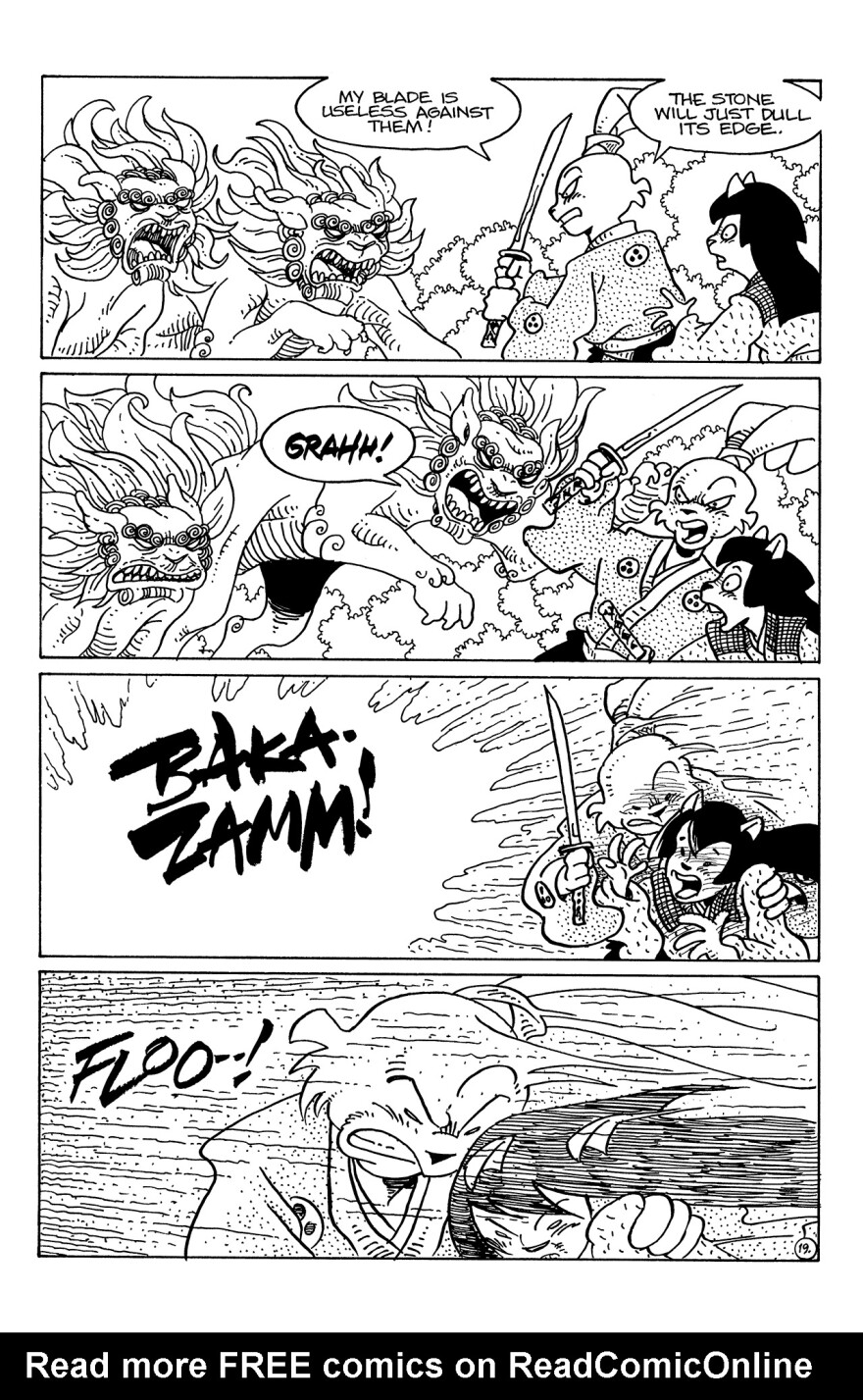 A page from Stan Sakai's "Usagi Yojimbo" that shows some sound effects lettering work. Undated photo.