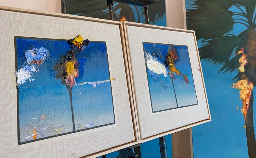Works from Perry Vásquez's "The Ideal Copy" series are shown in his studio in an undated photo.