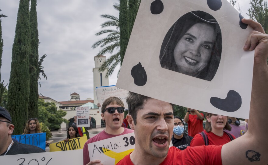UAW 4123 academic workers rallied outside the San Diego State President's office, Thursday, to bring attention to their stalled contract negotiations with the CSU administration, San Diego, Calif., September 21, 2023.