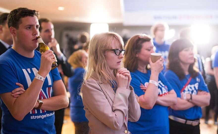 Supporters of the 'Stronger In' Campaign watch the results of the EU referendum being announced at a results party at the Royal Festival Hall in London on Friday.