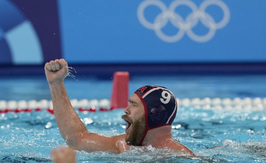 United States' Alex Bowen celebrates after scoring a goal during a men's Group A preliminary match between Croatia and USA, at the 2024 Summer Olympics, Monday, Aug. 5, 2024, in Paris.