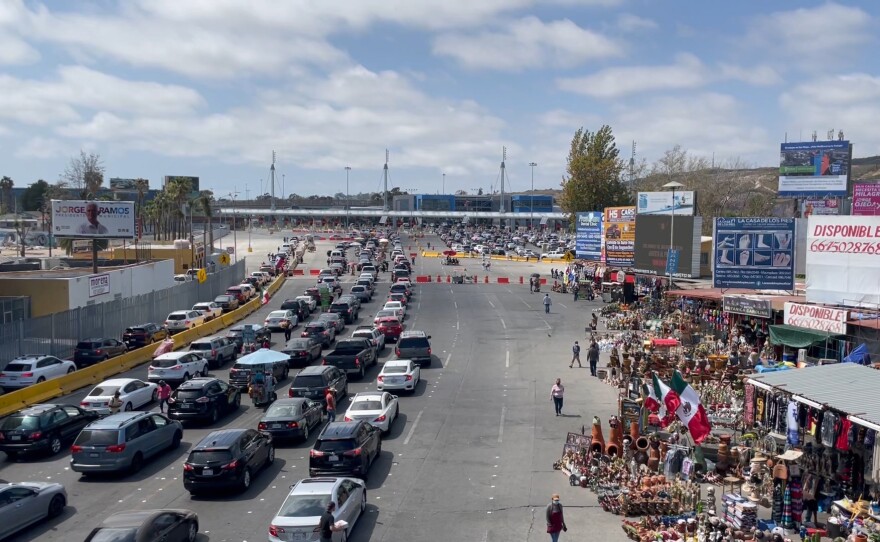 Bridge view of the San Ysidro border as vehicles are in line to cross into San Diego, May 14, 2021.