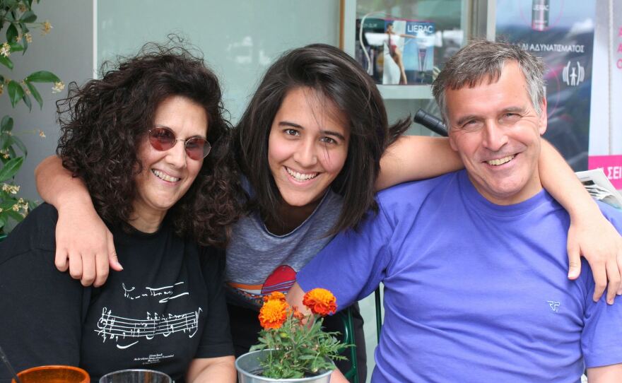 Regilla Bastian (center), pictured with her Greek mother, Calliope Spanou, and German father, Jens Bastian, considers herself European but worries about Greece's future, and her own, in the continent.