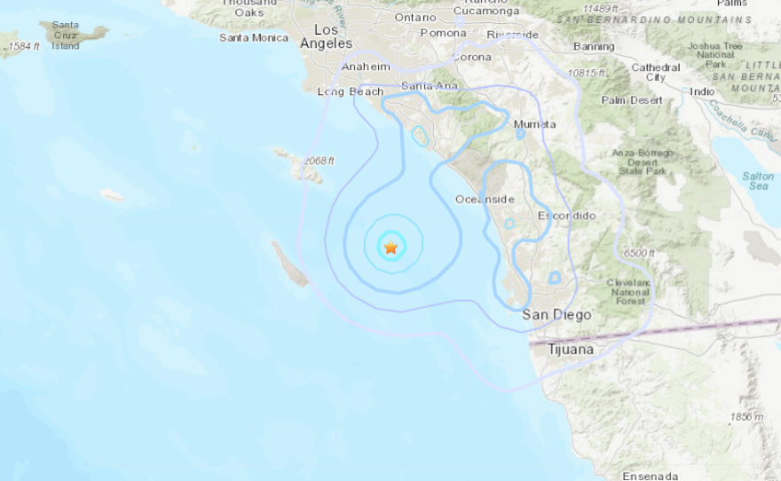 A map shows the epicenter of an earth quake that struck off the coast of Oceanside, Aug. 29, 2023.