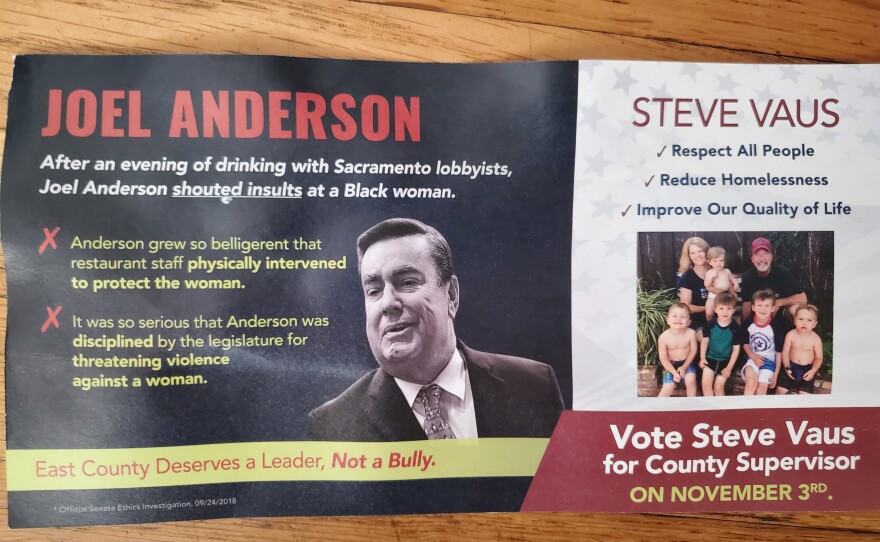 A campaign mailer sent about former state Assemblyman Joel Anderson, who is running for the San Diego County Board of Supervisors District 2 seat, Oct. 27, 2020.