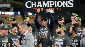The Milwaukee Brewers celebrate after Game 4 of baseball's National League Championship Series between the Milwaukee Brewers and the Los Angeles Dodgers, Thursday, Oct. 15, 2026, in Los Angeles.