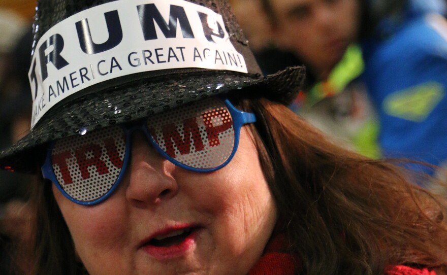 Marion Emslie, a Trump supporter, at a rally in Concord this month.