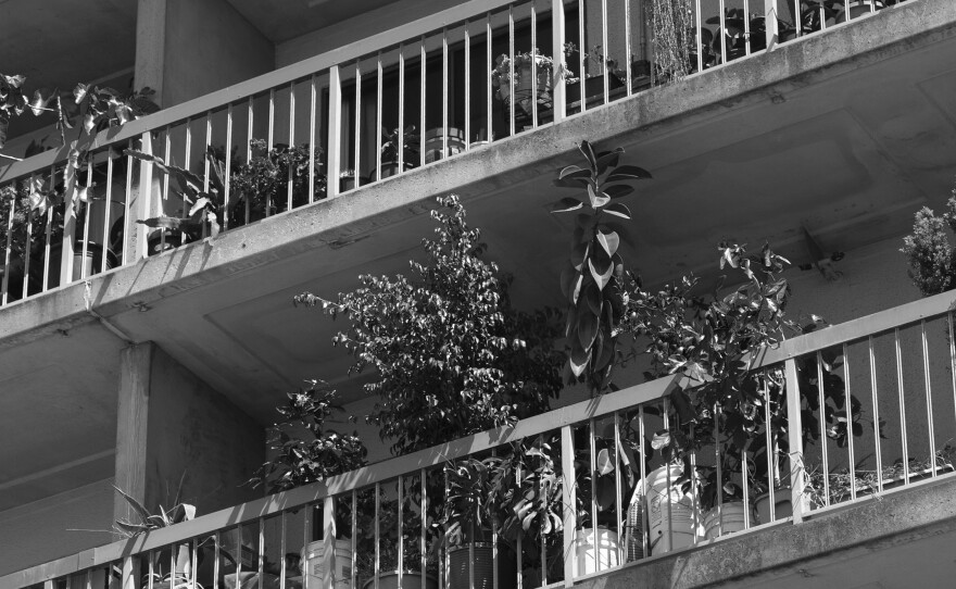 "It's important to see the beauty in the most overlooked and mundane urban environments," says Stone. Above, "Balcony Year," 2019, Oakland.