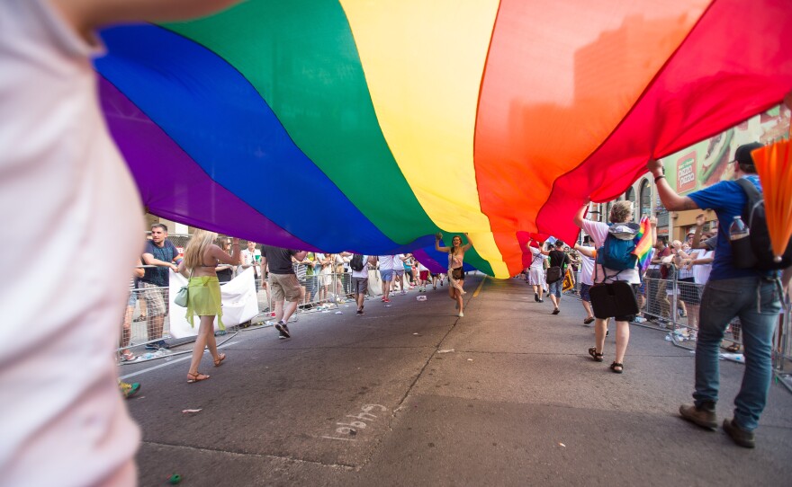 People carry a rainbow flag at the WorldPride 2014 Parade in Toronto in 2014.