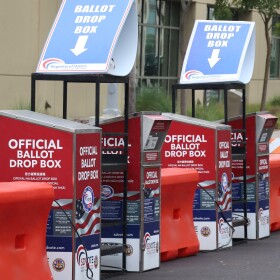 Ballot drop boxes outside the San Diego County Registrar of Voters, photographed on Tuesday, Oct. 14, 2025.