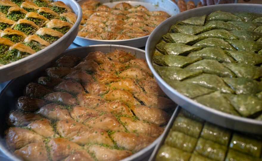 Pans of baklava are on display at Imam Cagdas.
